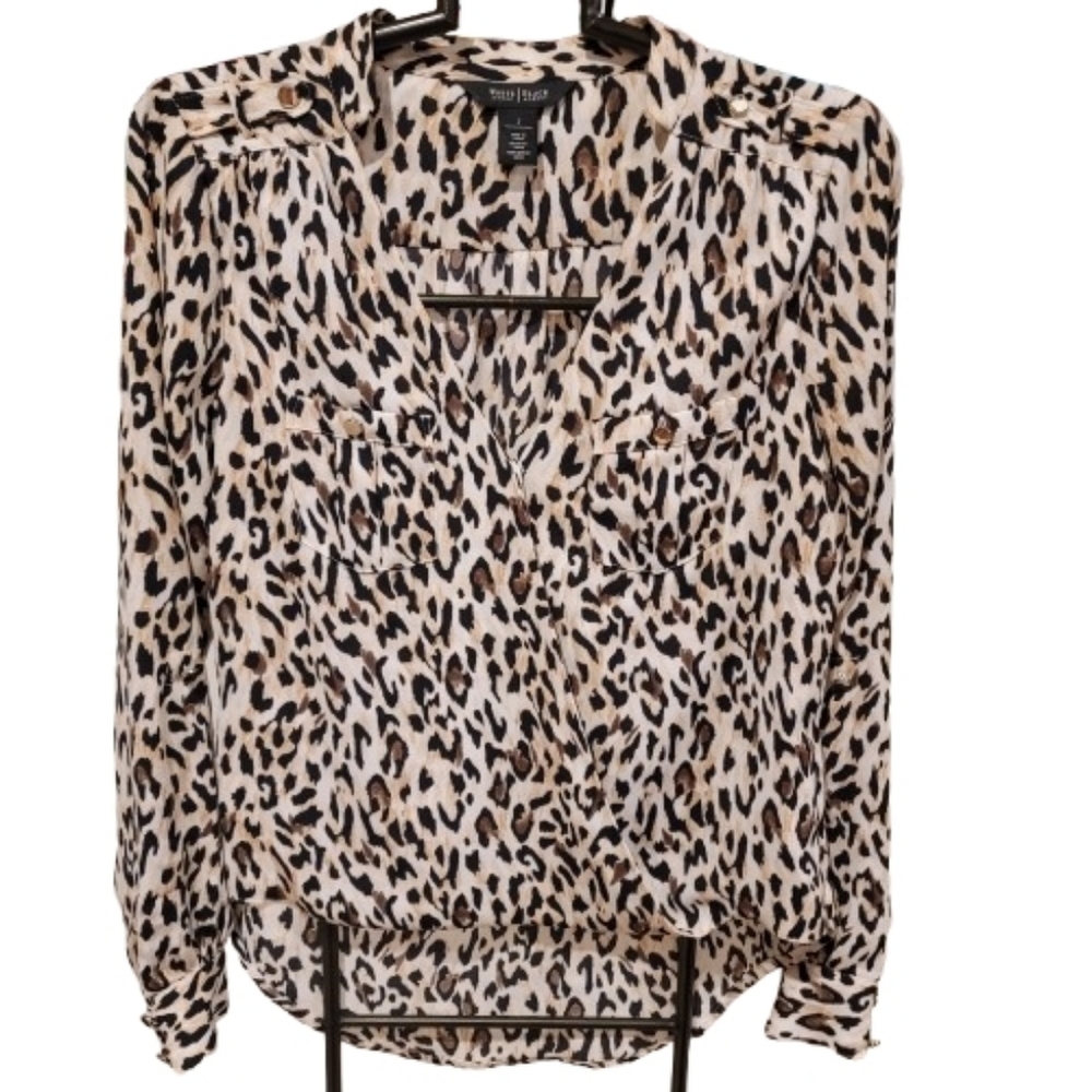 White House Black Market Cris Cross Cheetah Print Blouse Top Black Tan 2 - Picture 3 of 14